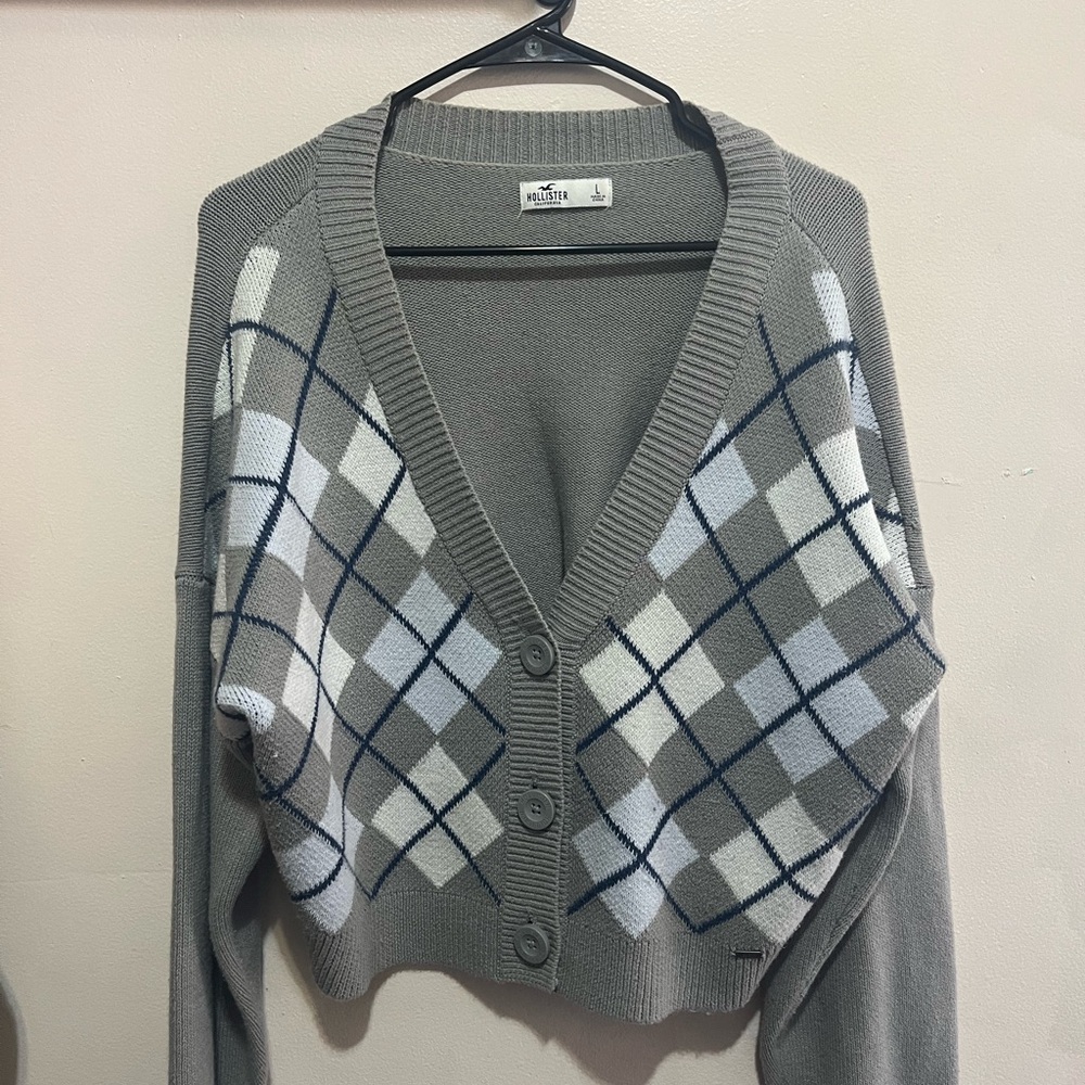 Gray Argyle Button-Up Cardigan Sweater
